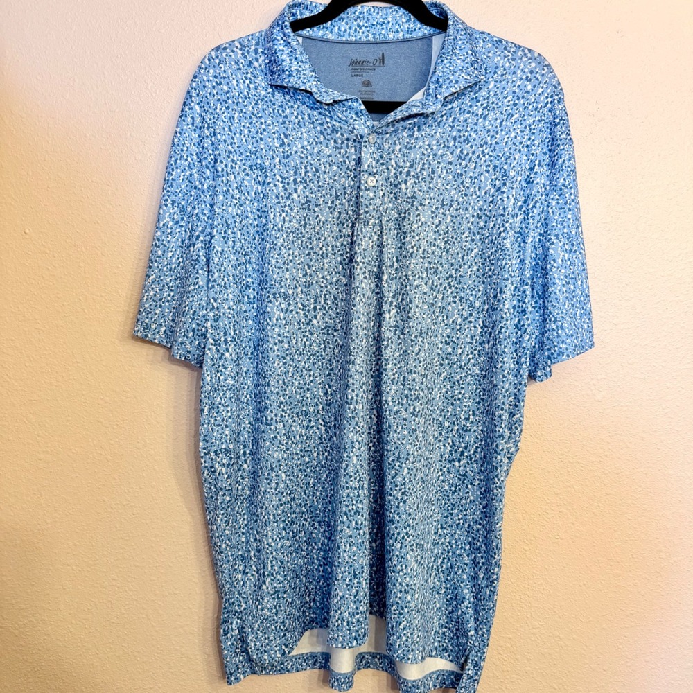 Johnnie-O Performance Polo Mens Large Blue White Speckled Print Golf Shirt L